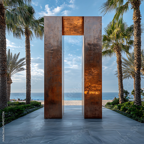 A modern architectural stele stands tall amidst palm trees, overlooking serene beach. warm tones of structure contrast beautifully with blue sky and ocean, creating tranquil atmosphere
