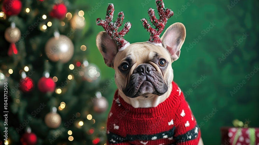 Grumpy holiday themed French Bulldog dressed in a sweater and antlers sitting beside a festive tree in front of a green backdrop Grumpy holiday themed French Bulldog dressed in a sweater and antlers sitting beside a festive tree in front of a green backdrop