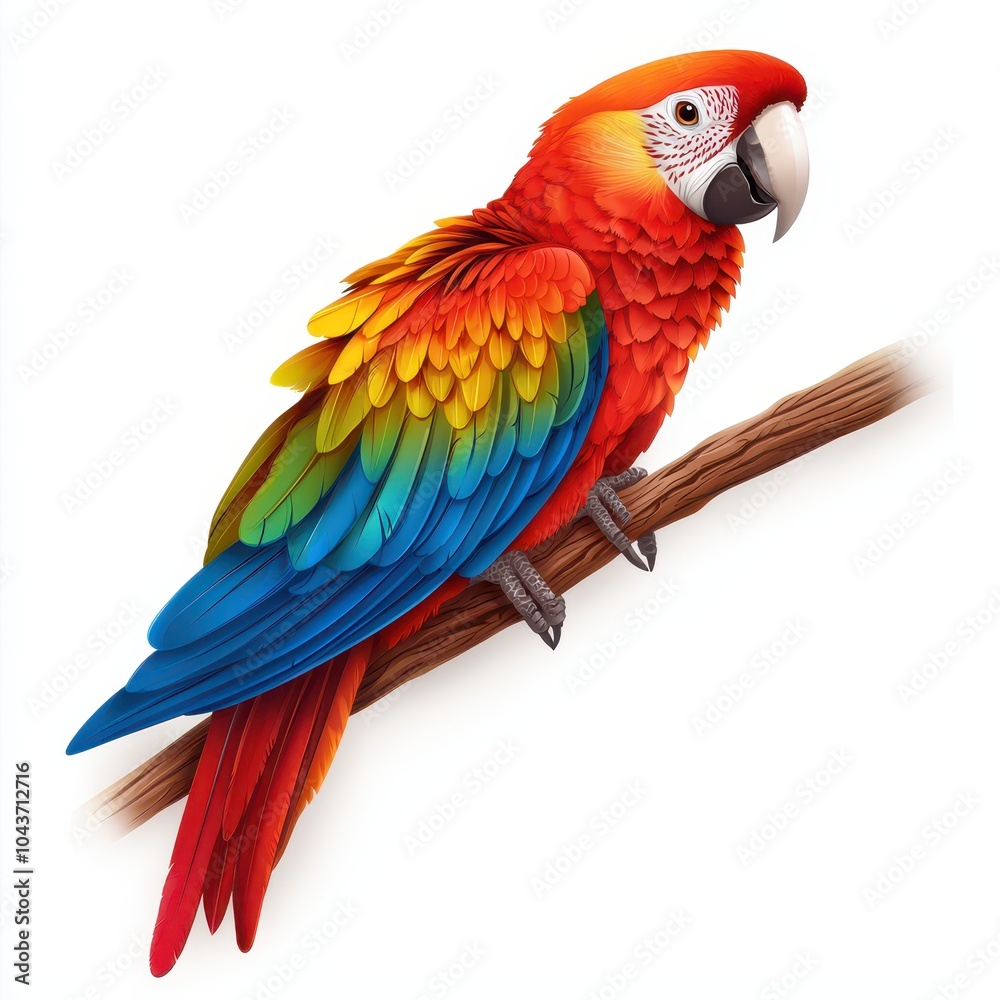Fototapeta premium Colorful parrot perched on a branch, white isolated background