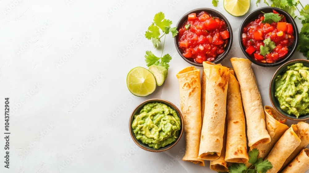 An elegant display of traditional flautas accompanied by vibrant salsa and creamy guacamole arranged on a clean white background offering space for personalized text or graphics An elegant display of traditional flautas accompanied by vibrant salsa and creamy guacamole arranged on a clean white background offering space for personalized text or graphics