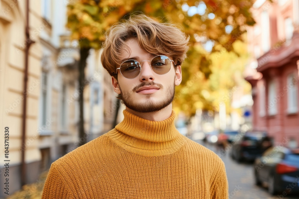 Man in an orange turtleneck sweater standing on a city street in autumn capturing the vibrant colors and urban charm of fall fashion