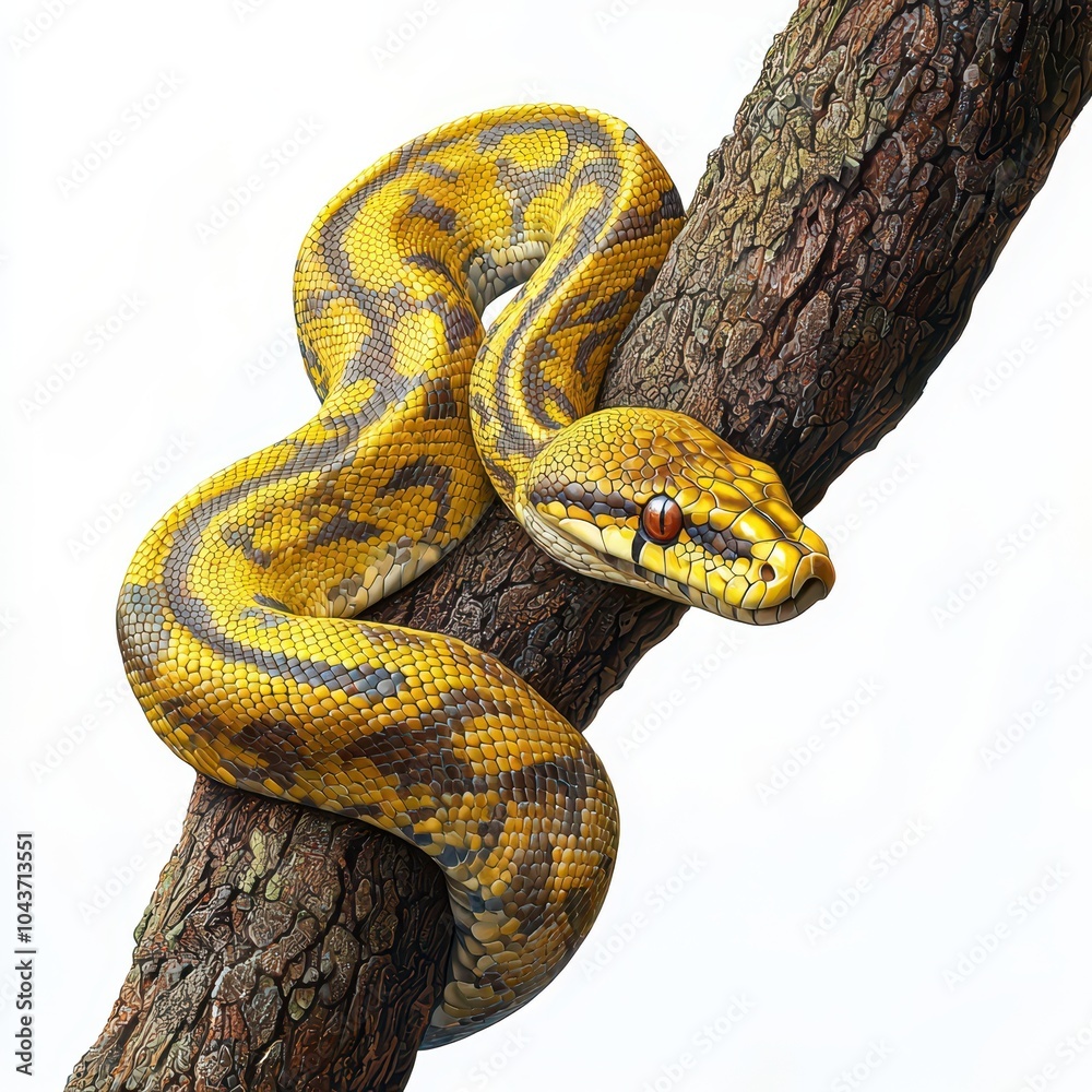 Fototapeta premium Colorful snake coiled on a branch, white isolated background.