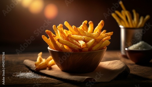 Hot and crispy golden french fries in a bowl or paper packaging with sunlight shining directly onto the fries; golden fries freshly cooked from the fryer is in display of a bowl or paper packaging