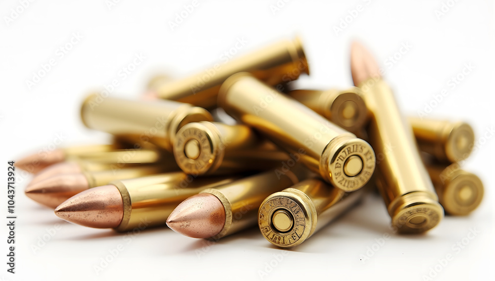 Close-up of isolated shotgun shells on a white background, Brass bullet casings Close-up of isolated shotgun shells on a white background, Brass bullet casings
