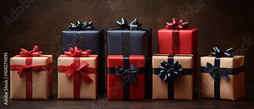 Collection of Beautifully Wrapped Gifts with Red and Black Ribbon, Collection of Beautifully Wrapped Gifts with Red and Black Ribbo photo