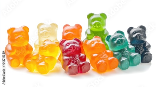 Assorted colorful gummy bears in various flavors set against a clean white background photo