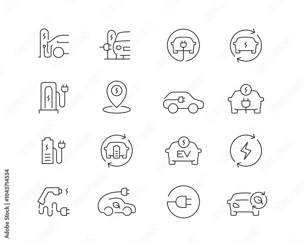 Fototapeta premium EV Electric Car Icon collection containing 16 editable stroke icons. Perfect for logos, stats and infographics. Edit the thickness of the line in Adobe Illustrator (or any vector capable app).