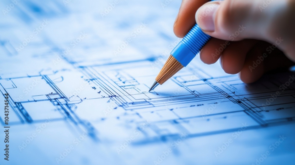 Fototapeta premium A hand drawing architectural plans with a pencil on blueprints.