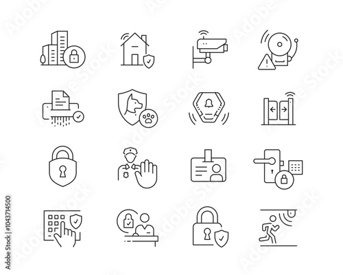 Building Security Icon collection containing 16 editable stroke icons. Perfect for logos, stats and infographics. Edit the thickness of the line in Adobe Illustrator (or any vector capable app).