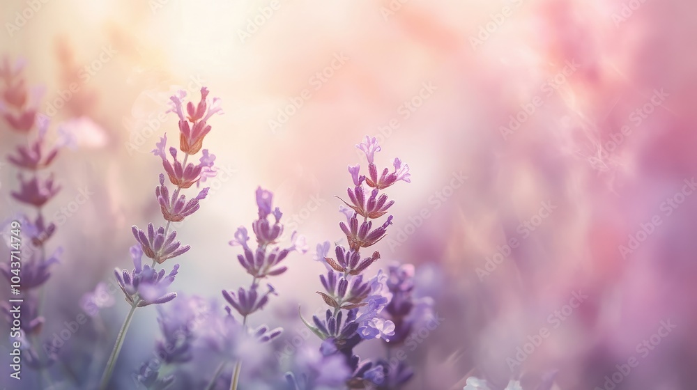 Obraz premium Lavender flowers bloom with a soft focus against a delicate pastel backdrop