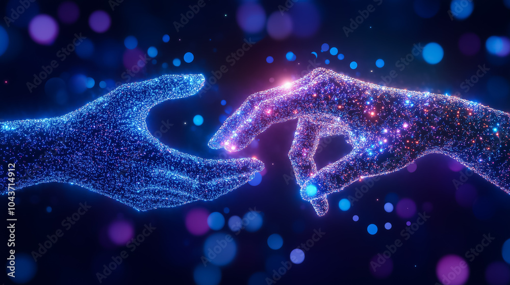 Two hands composed of shimmering particles connect, symbolizing data transfer in a digital landscape Two hands composed of shimmering particles connect, symbolizing data transfer in a digital landscape