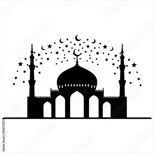 Silhouette of Mosque with Crescent and Stars