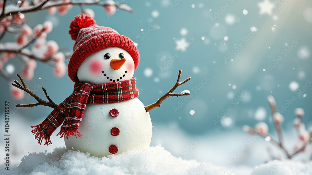 Whimsical Christmas snowman with a cozy scarf and hat, standing on a pristine white background, evoking a festive and joyful holiday spirit Whimsical Christmas snowman with a cozy scarf and hat, standing on a pristine white background, evoking a festive and joyful holiday spirit