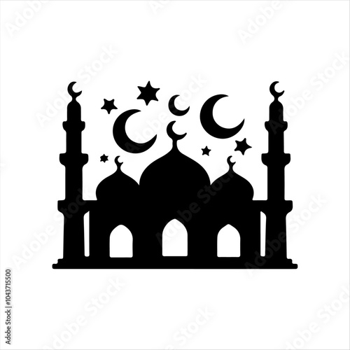 Silhouette of Mosque with Crescent and Stars