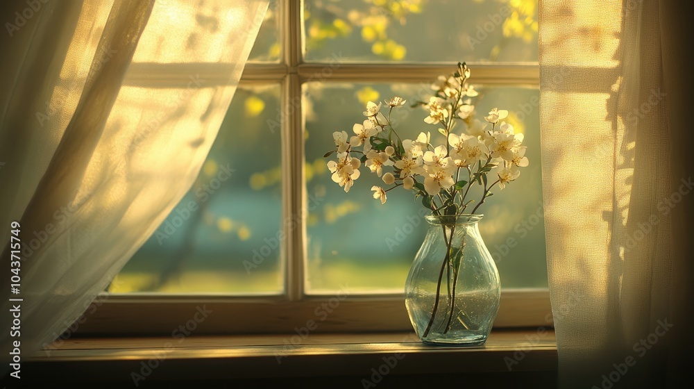 Tender spring blooms in a glass vase on a windowsill softly lit by the morning sun in a warm and inviting home Tender spring blooms in a glass vase on a windowsill softly lit by the morning sun in a warm and inviting home
