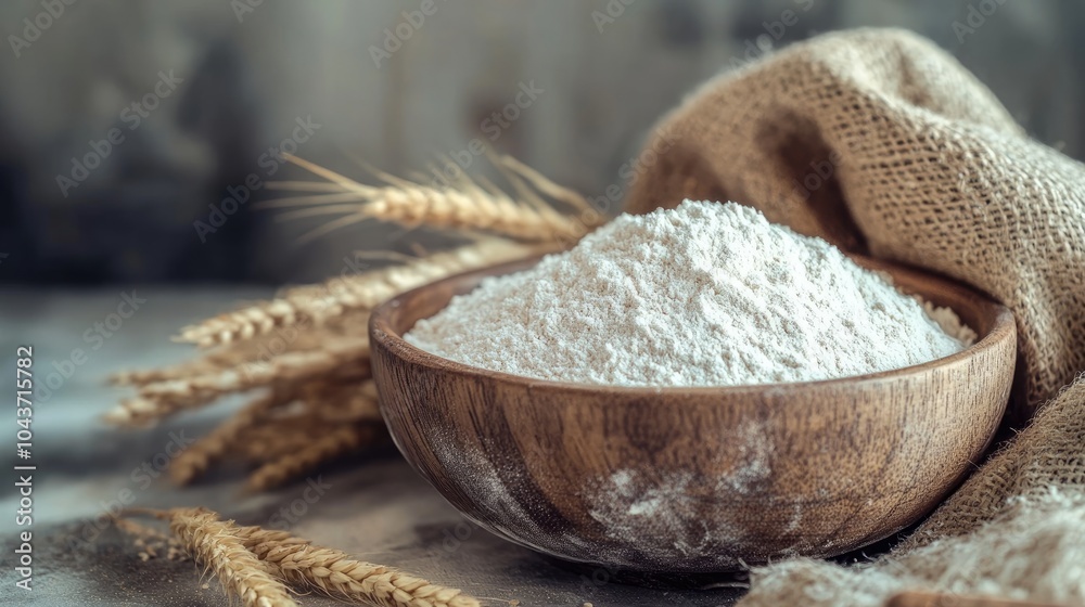 Wheat flour in a wooden bowl and burlap bag on a kitchen table ideal for baking preparations Wheat flour in a wooden bowl and burlap bag on a kitchen table ideal for baking preparations