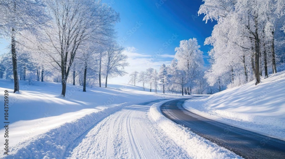 Winding snowy road through a winter forest landscape lined with frosty trees beneath a bright blue sky Winding snowy road through a winter forest landscape lined with frosty trees beneath a bright blue sky