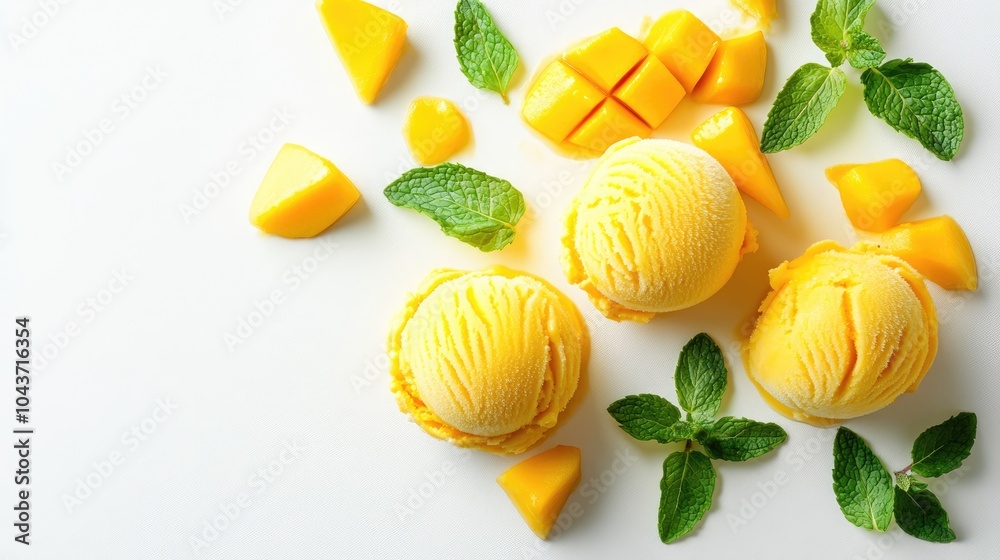 Mango ice cream served with fresh mango pieces and mint leaves on a white background An ideal tropical treat for healthy summer recipes and delightful indulgence Mango ice cream served with fresh mango pieces and mint leaves on a white background An ideal tropical treat for healthy summer recipes and delightful indulgence