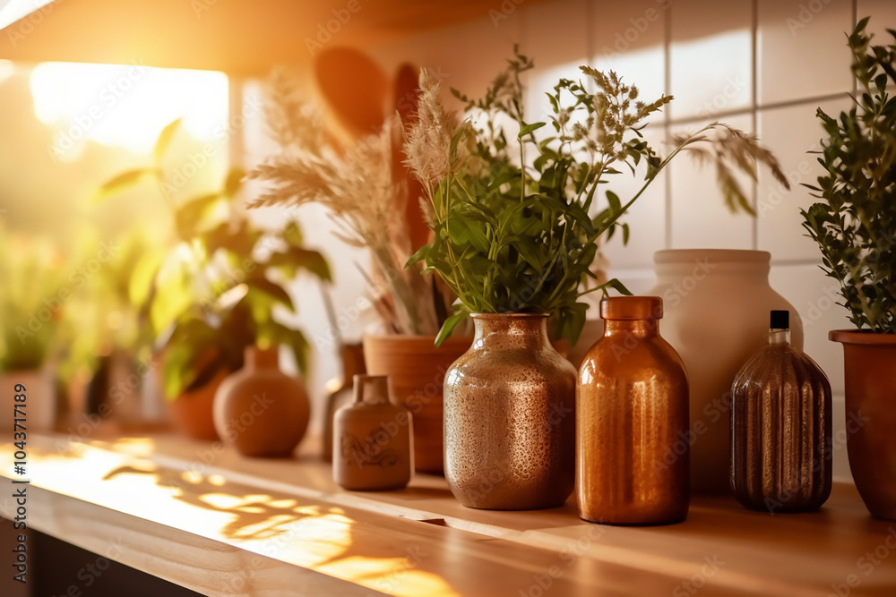 Cozy kitchen with wooden tabletop, decor, utensils, plates on shelf, and plants Cozy picture in countryside with nature view and wooden table
Cozy kitchen with wooden tabletop, decor, utensils, plates on shelf, and plants Cozy picture in countryside with nature view and wooden table