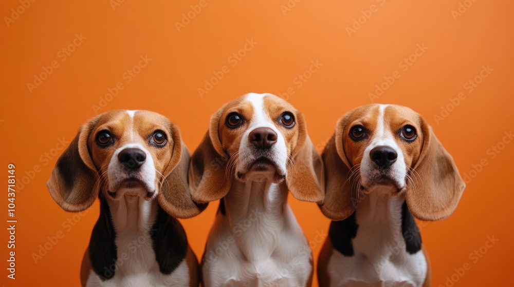 Three beagle dogs set against an orange backdrop Three beagle dogs set against an orange backdrop