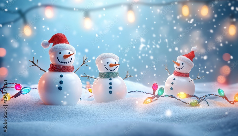 Fototapeta premium Festive Snowmen with String Lights in Wintertime Wonderland Setting