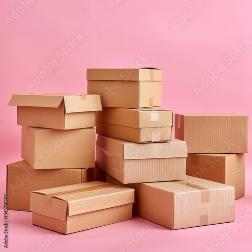 Stack of cardboard boxes on a pink background, perfect for packing, shipping, and storage concepts. photo