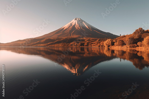 Mountain reflection fuji mountain view from lake, long exposure Mt.Fuji and Kawaguchi Ko  lake in winter morning  


 photo