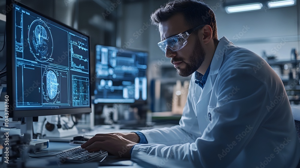 A focused scientist analyzing data on a computer in a modern laboratory setting, showcasing innovation and research. A focused scientist analyzing data on a computer in a modern laboratory setting, showcasing innovation and research.