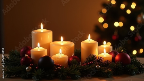 Warm candlelight glows amidst festive Christmas decorations, creating a cozy holiday atmosphere.