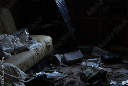 薄暗い光の中、荒れたソファのある室内