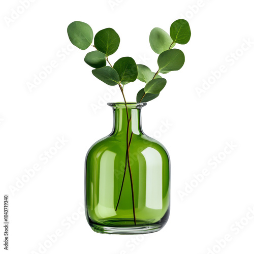 Green glass vase, simple eucalyptus display, minimalistic nature decor, accentuating fresh elegance. Isolated on white background or PNG