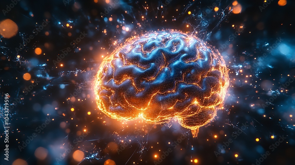 Obraz premium Glowing 3D Brain Render with Bokeh Effect