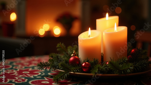 Warm candlelight glows amidst festive Christmas decorations, creating a cozy holiday atmosphere.