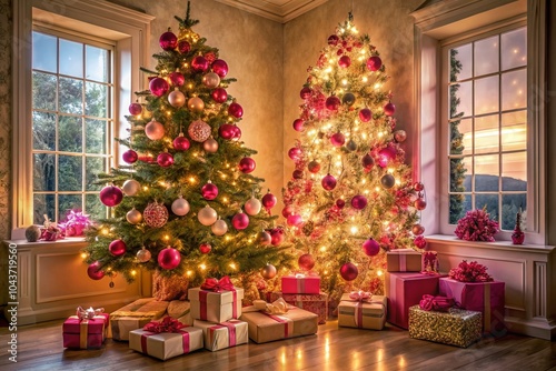 Vibrant Vintage Style Christmas Tree in Hot Pink Decor with Retro Ornaments and Soft Lighting