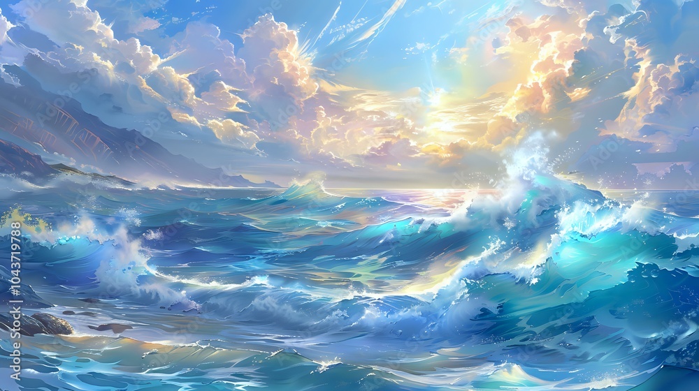 A vibrant seascape with crashing waves and a dramatic sky at sunset. A vibrant seascape with crashing waves and a dramatic sky at sunset.