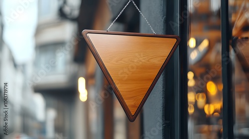 A stylish wooden triangle sign hanging outside a shop, blending modern design with rustic charm in an urban setting. photo