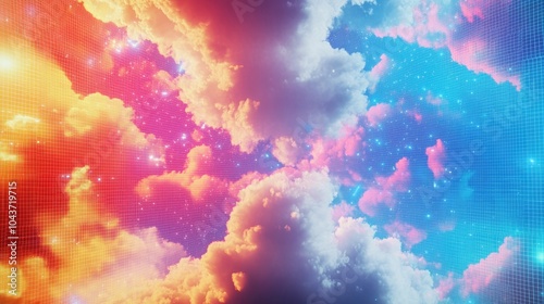 A bright and colorful background of pixelated clouds with an Atari border enhancing the scene