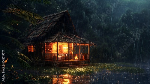 Wooden house in the jungle with with a fireplace on the porch on a rainy night photo