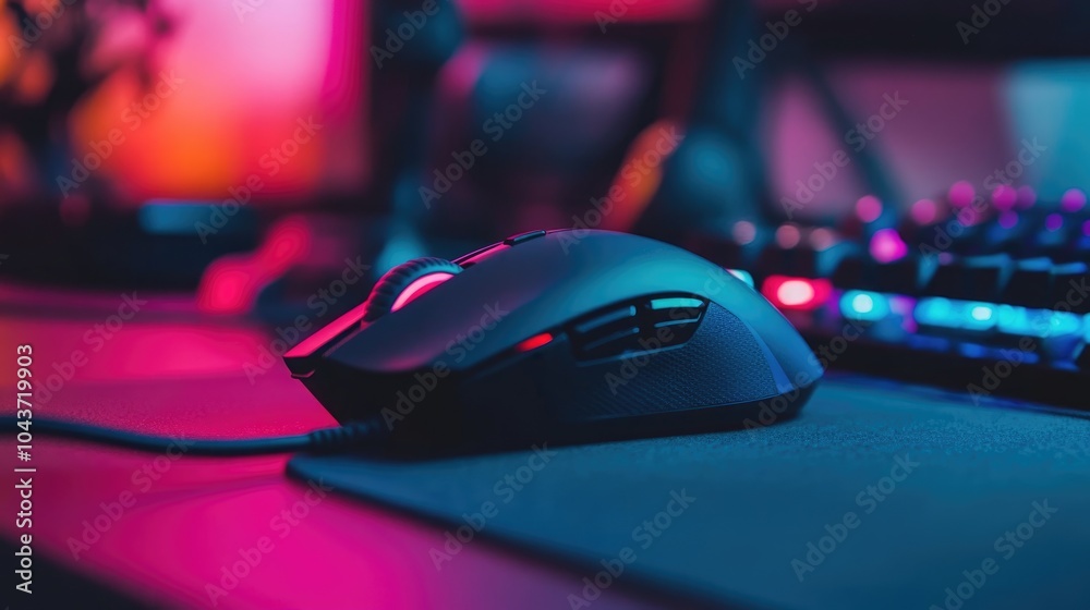 Close up of a black gaming mouse on a desk with pink and blue lighting perfect for gaming equipment inspiration Close up of a black gaming mouse on a desk with pink and blue lighting perfect for gaming equipment inspiration
