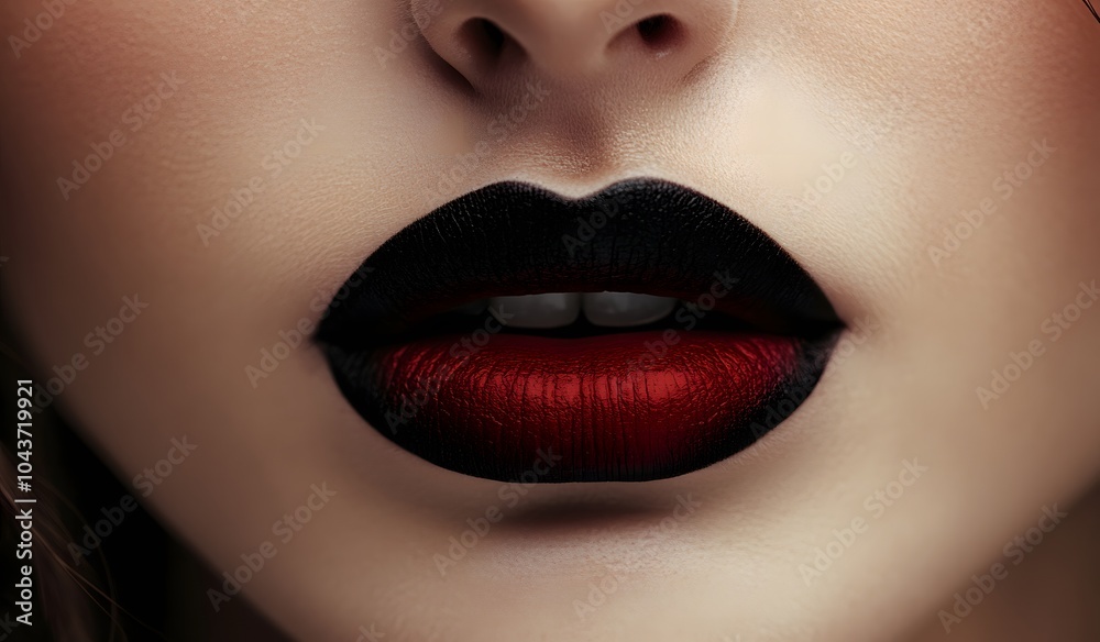 Obraz premium Close-up of red lipstick on lips, isolated. Beauty product close-up macro photo. Woman's face with black lipstick on her mouth. 
