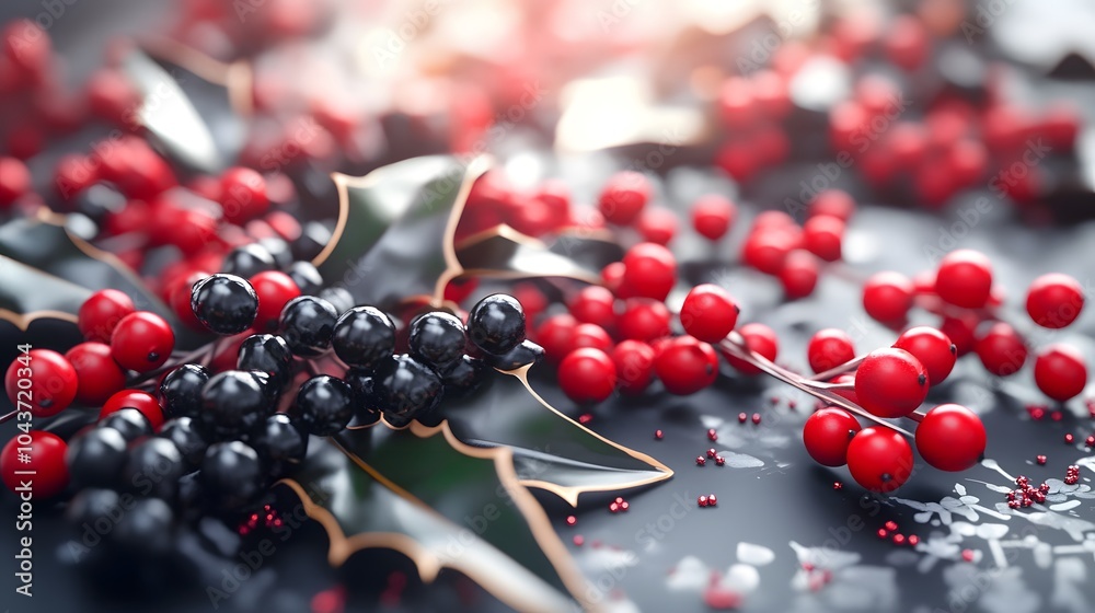 Close-up of holly leaves and red berries arranged beautifully, creating a festive atmosphere perfect for the holiday season. Close-up of holly leaves and red berries arranged beautifully, creating a festive atmosphere perfect for the holiday season.