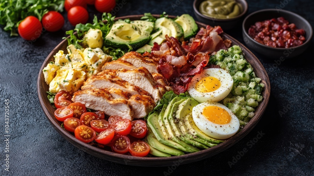 Cobb salad featuring chicken avocado tomatoes eggs bacon and cheese arranged on a dark surface Cobb salad featuring chicken avocado tomatoes eggs bacon and cheese arranged on a dark surface