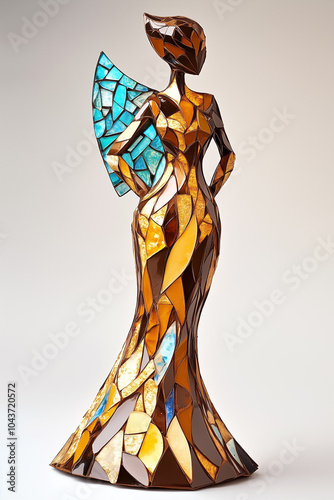 An abstract sculpture crafted from recycled materials depicts a graceful figure adorned with colorful wings photo