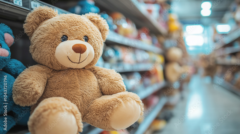 A soft, tan teddy bear sits on a store shelf, surrounded by other colorful plush toys. A soft, tan teddy bear sits on a store shelf, surrounded by other colorful plush toys.