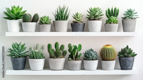 Diverse succulents and cacti in concrete pots displayed on white shelves showcasing a stylish Scandinavian inspired interior