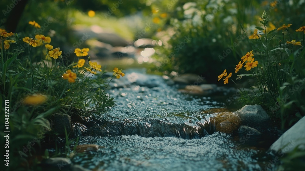 A calming nature scene with a flowing stream, surrounded by lush greenery and wildflowers A calming nature scene with a flowing stream, surrounded by lush greenery and wildflowers