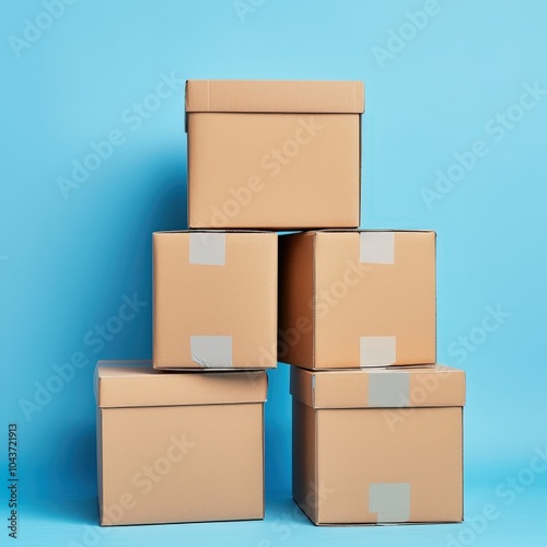 Stacked cardboard boxes against a blue background, perfect for shipping and logistics themes. photo