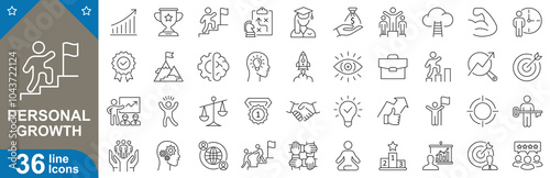 Personal growth icons set. Success, improvement, mindset, goals, development, motivation, learning, progress, reflection and more. vector illustrator.
