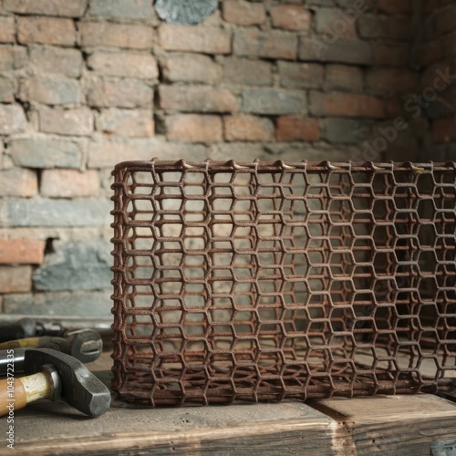 A photo of a steel mesh texture. The mesh is rusty and has a brownish-orange hue. It is placed on a wooden surface. There are tools like a hammer and a wrench on the floor beside the mesh.  photo