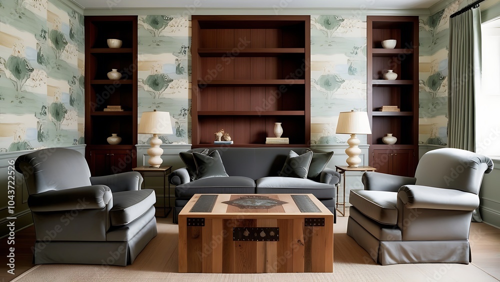 Stylish living room with floral wallpaper and luxurious details Stylish living room with floral wallpaper and luxurious details
